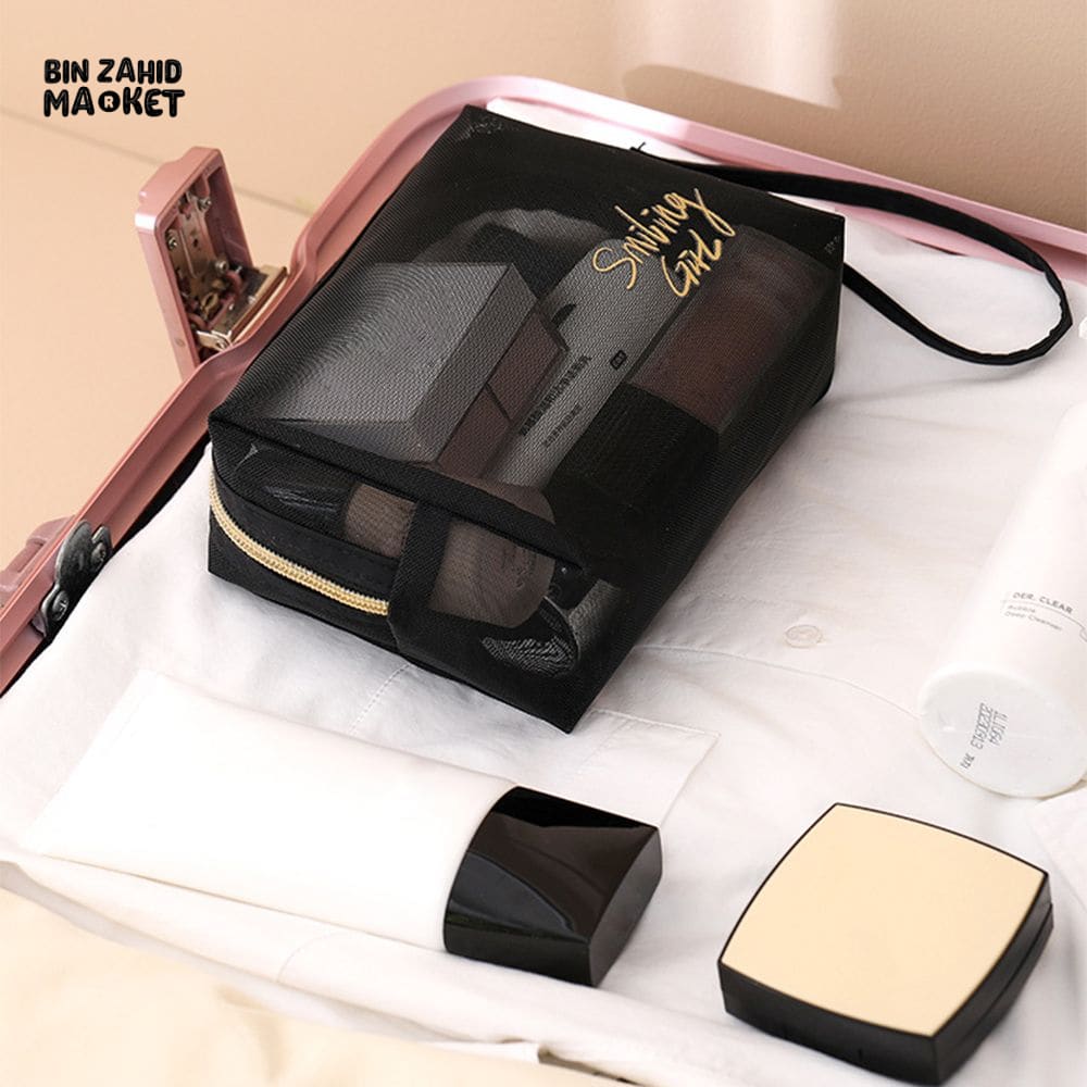 5 PIECES BLACK MESH COSMETIC BAG SET – TRANSPARENT TRAVEL MAKEUP ORGANIZER SMALL & LARGE TOILETRY BAGS WITH BRUSH HOLDER