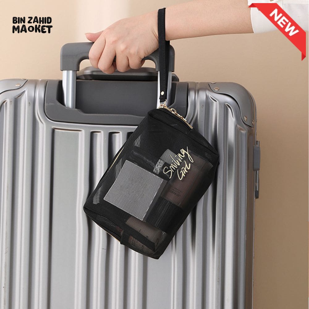 5 PIECES BLACK MESH COSMETIC BAG SET – TRANSPARENT TRAVEL MAKEUP ORGANIZER SMALL & LARGE TOILETRY BAGS WITH BRUSH HOLDER