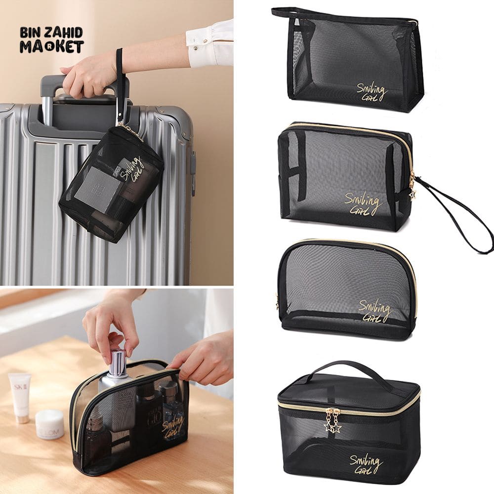 5 PIECES BLACK MESH COSMETIC BAG SET – TRANSPARENT TRAVEL MAKEUP ORGANIZER SMALL & LARGE TOILETRY BAGS WITH BRUSH HOLDER