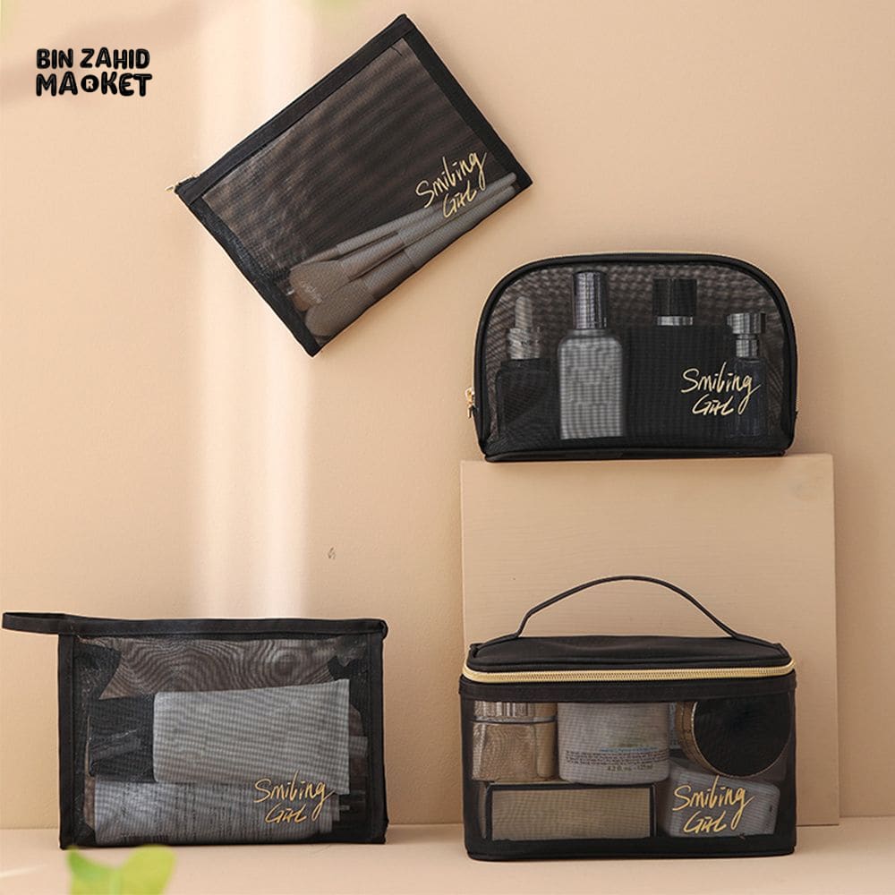 5 PIECES BLACK MESH COSMETIC BAG SET – TRANSPARENT TRAVEL MAKEUP ORGANIZER SMALL & LARGE TOILETRY BAGS WITH BRUSH HOLDER