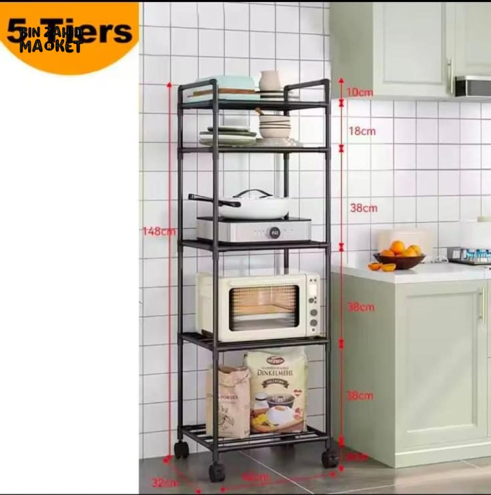 5-TIER KITCHEN ORGANIZER MICROWAVE STORAGE RACK PULLEY TROLLEY POT STORAGE BATHROOM SHELVES