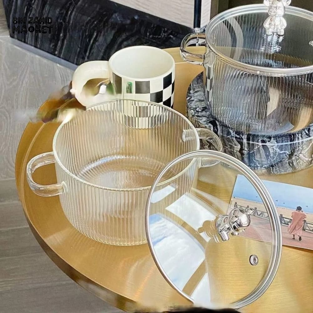 HEAT-RESISTANT 2 LITRE GLASS COOKING POT WITH LID BOROSILICATE GLASS FOR SOUP MILK & NOODLES