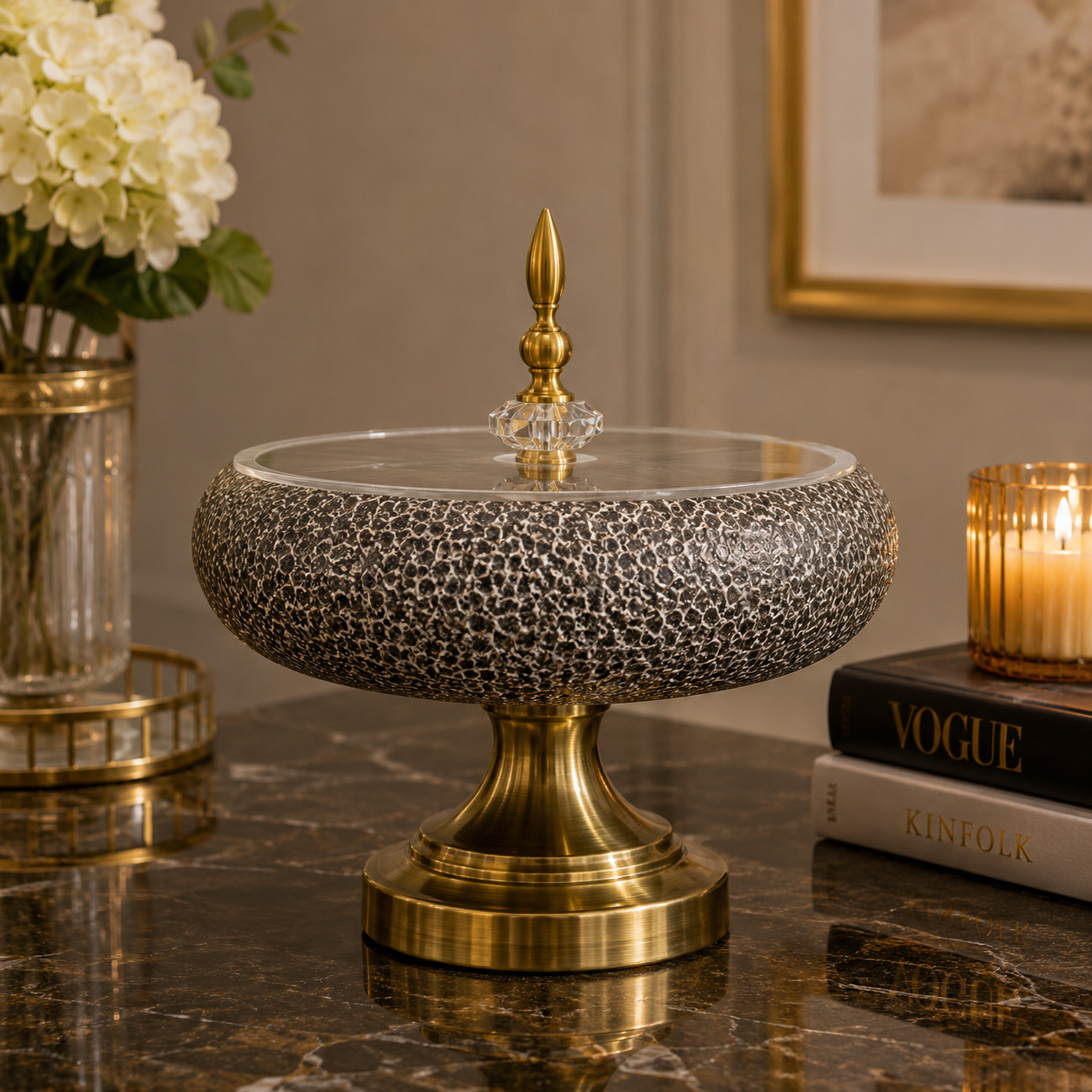 DECORATIVE PEDESTAL STORAGE BOWL WITH LID