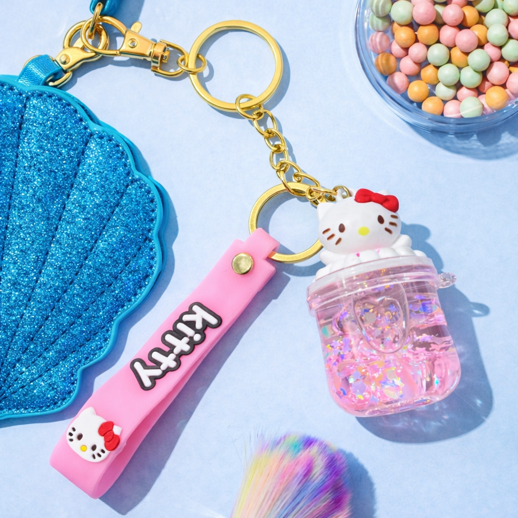 HELLO KITTY GLITTER JAR KEYCHAIN WITH SILICONE STRAP – CUTE KAWAII BAG CHARM & CAR KEYRING FOR GIRLS PURSE BACKPACK & GIFT