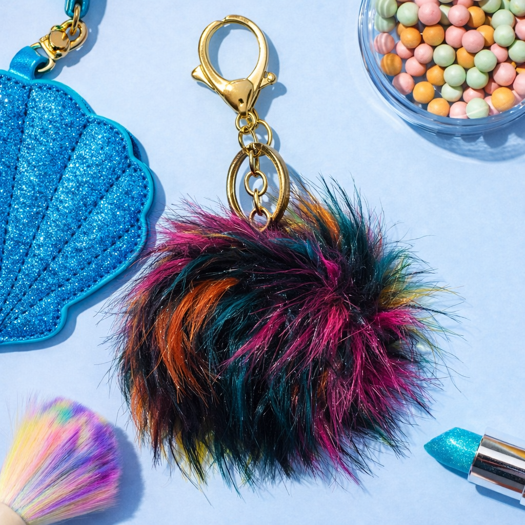 MULTICOLOR FUR POM POM KEYCHAIN – FLUFFY BAG CHARM & CAR KEYRING FOR GIRLS PURSE BACKPACK & GIFT