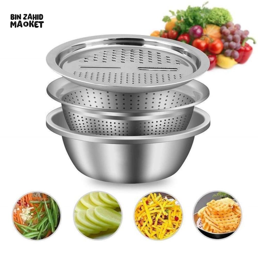 PREMIUM 3 PIECES STEEL COLANDER KITCHEN SLICER GRATER SET