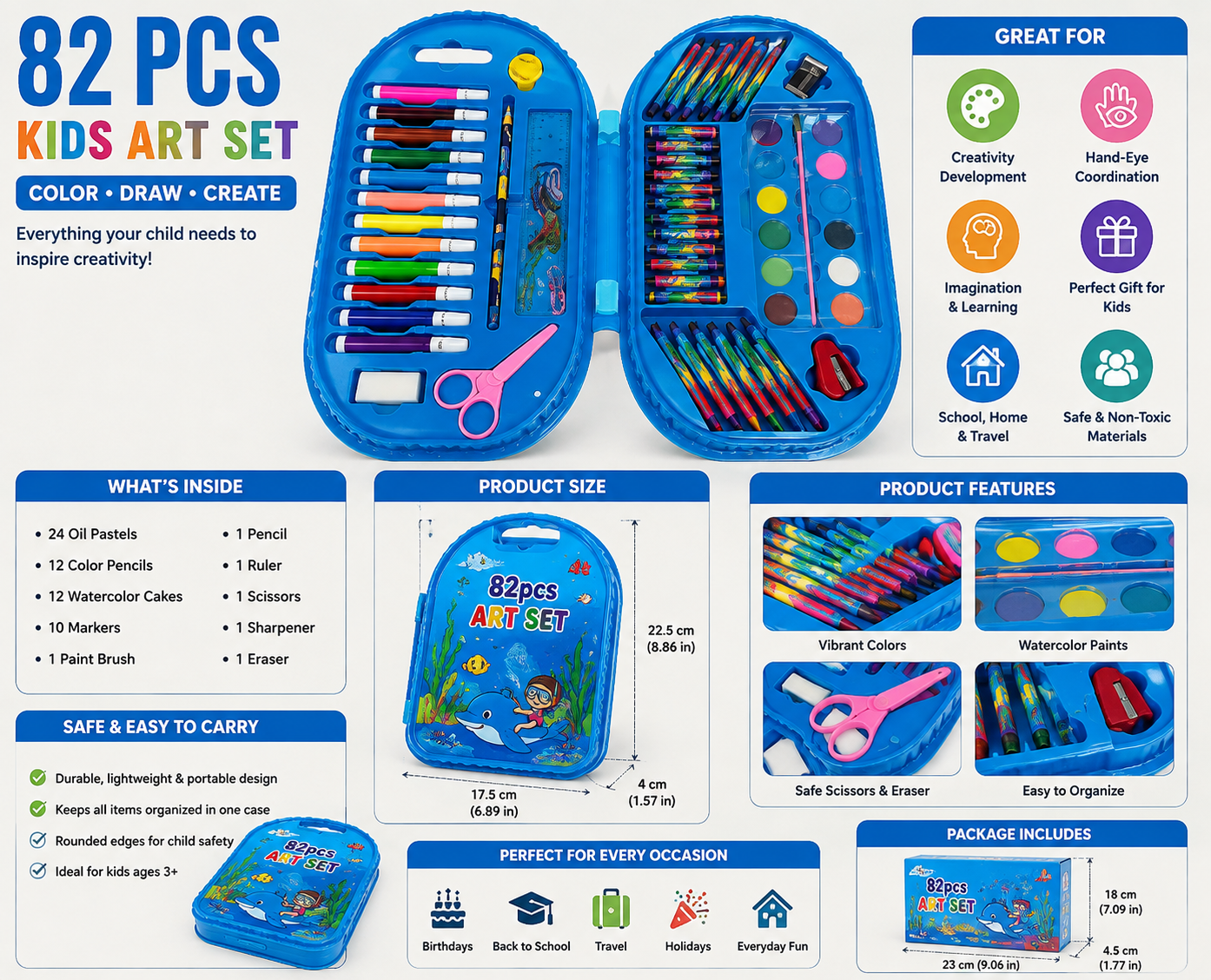 82 PCS KIDS ART & DRAWING SET IN PORTABLE CARRY CASE