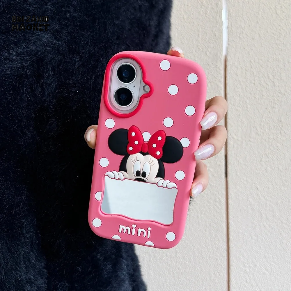 CUTE CARTOON POLKA DOT MICKEY & MINNIE MOUSE SILICONE CASE WITH MAKEUP MIRROR COVER - MICKEY