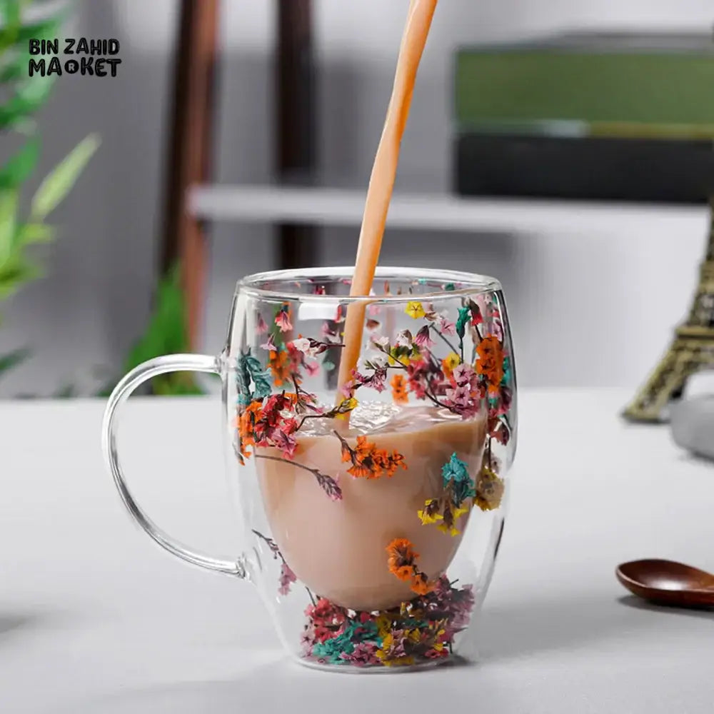 DRIED FLOWER DOUBLE WALL GLASS MUG - 350ML