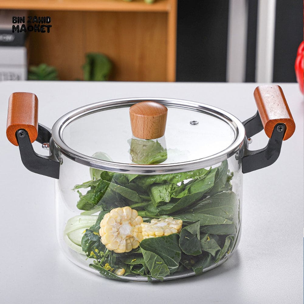 PREMIUM BOROSILICATE GLASS COOKING POT – FLAME-SAFE WOODEN HANDLE LARGE CAPACITY WITH LID - 4.5 LITRE