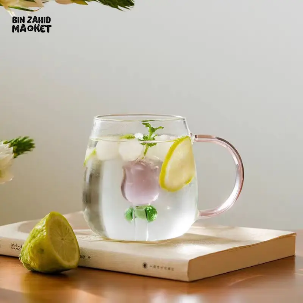 3D ROSE GLASS MUG WITH PINK HANDLE – HEAT-RESISTANT FOR MILK & COFFEE