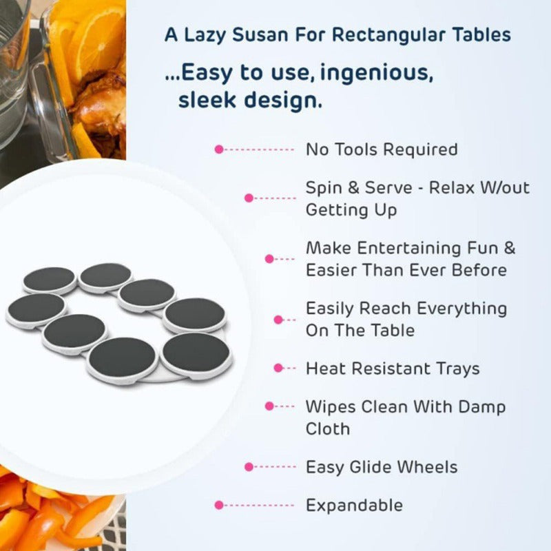 PORTABLE LAZY SUSAN ROTATING TRAY 8 PIECES – EXTENDABLE FOOD SERVING PLATE FOR TABLES & PARTIES
