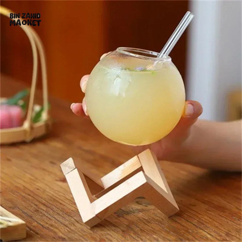 COCKTAIL GLASS CUP WITH WOOD STAND – ROUND BALL TUMBLER BAR GLASSWARE