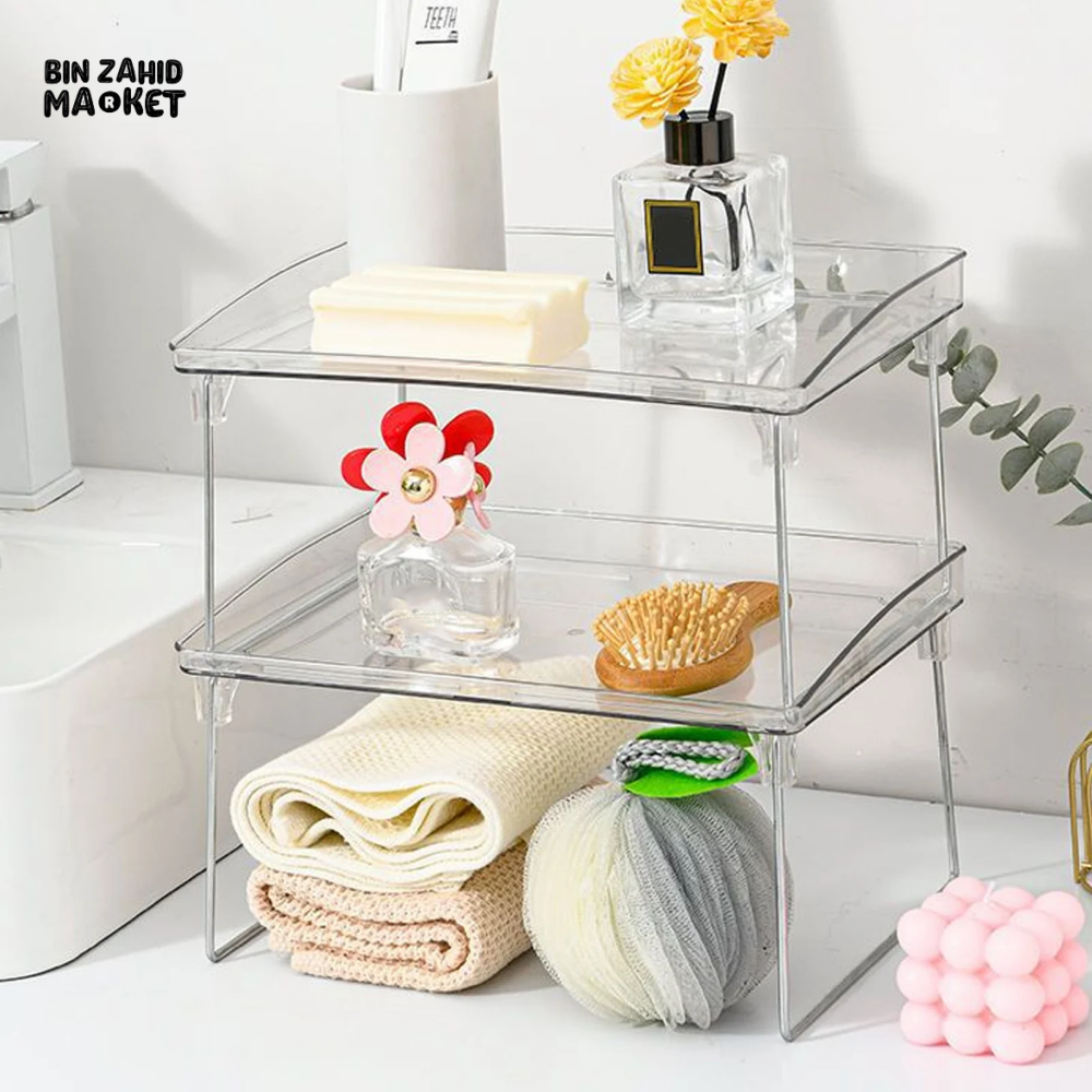 STACKABLE CLEAR PLASTIC STORAGE RACK FOR MAKEUP KITCHEN AND STATIONERY