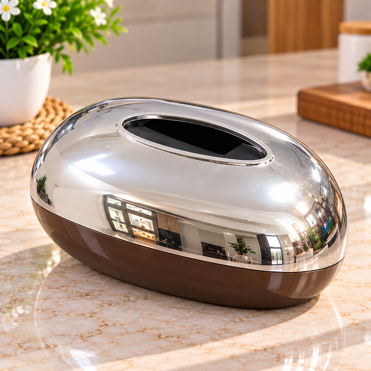 OVAL SILVER AND BROWN TISSUE BOX HOLDER