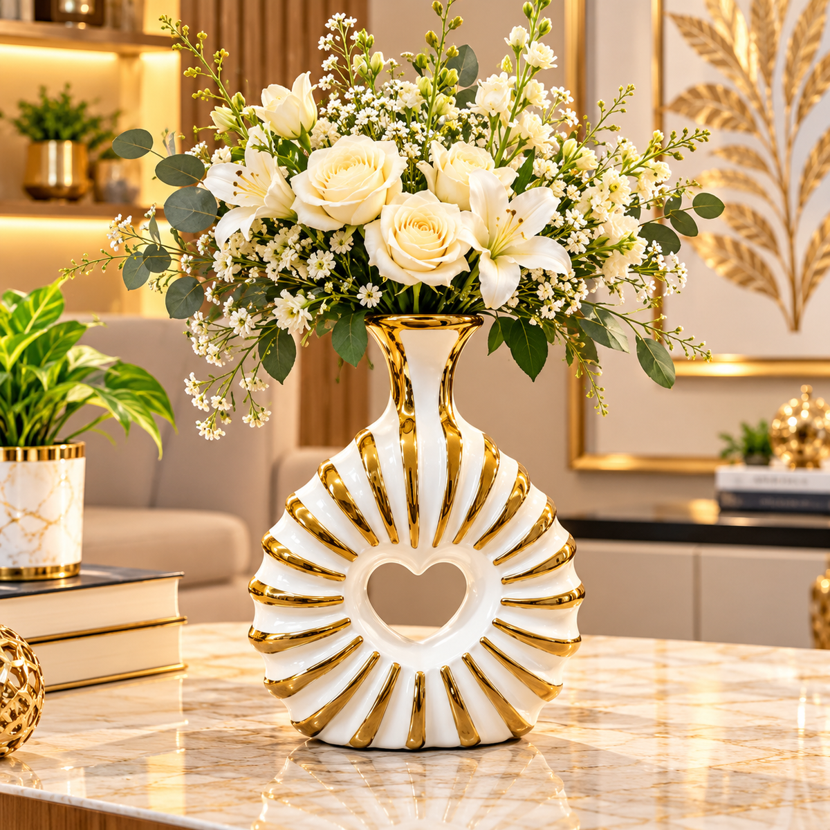 WHITE & GOLD HEART DESIGN DECORATIVE VASE - LARGE