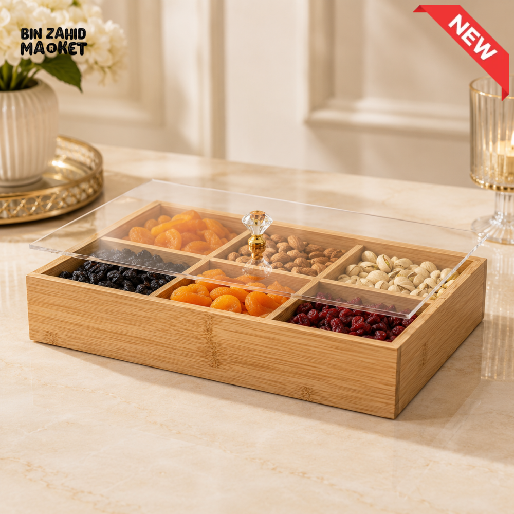6-COMPARTMENT BAMBOO DRY FRUIT & SNACK ORGANIZER WITH CLEAR LID