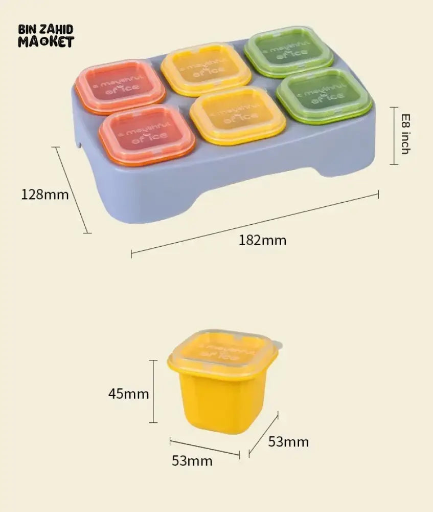 6 GRID COLORFUL BABY FOOD STORAGE CONTAINER WITH TRAY – LEAKPROOF & FREEZER SAFE