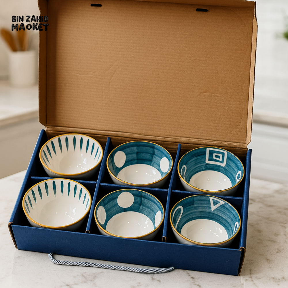6-PIECE CERAMIC BOWL SET – GEOMETRIC PATTERN GIFT BOX