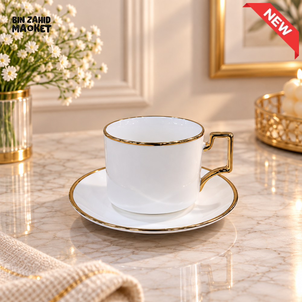 6 PIECE CLASSIC WHITE GOLD RIM TEA CUP & SAUCER SET
