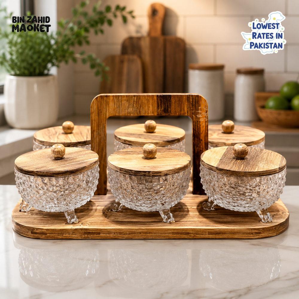 6-PIECE GLASS SEASONING JAR SET WITH WOODEN STAND