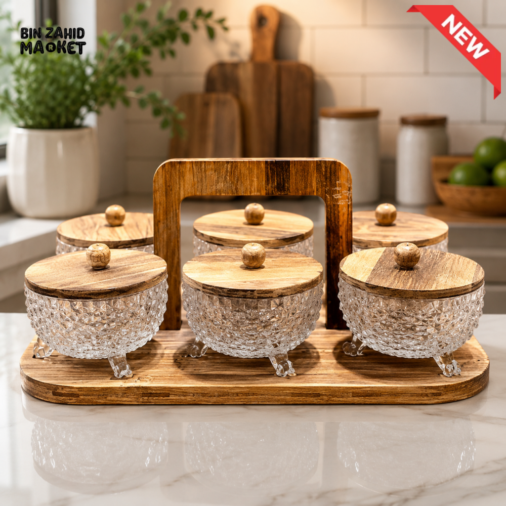6-PIECE GLASS SEASONING JAR SET WITH WOODEN STAND