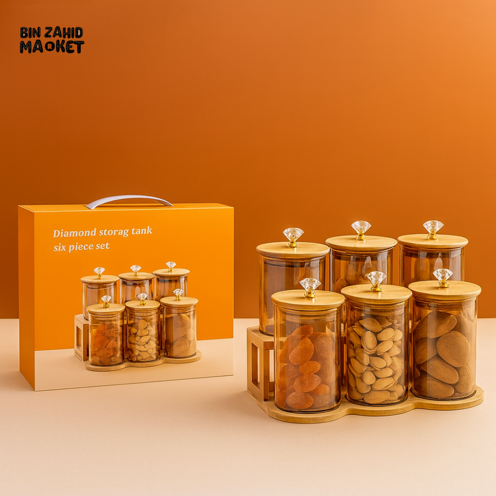6-PIECE GLASS STORAGE JAR SET – BAMBOO LIDS & CRYSTAL KNOBS WITH STAND