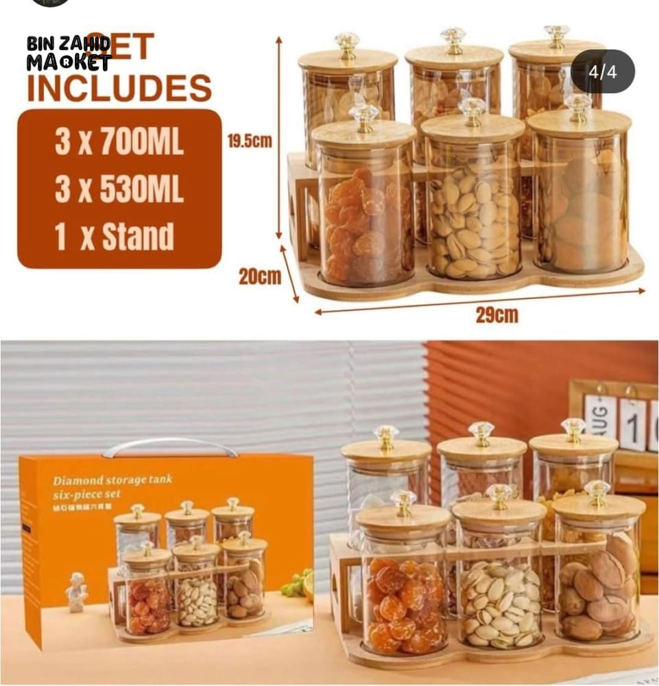 6-PIECE GLASS STORAGE JAR SET – BAMBOO LIDS & CRYSTAL KNOBS WITH STAND