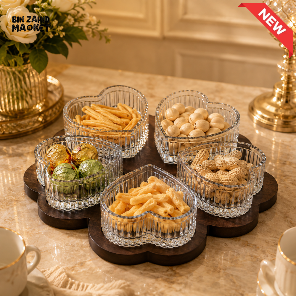 5-PIECE HEART SHAPE GLASS SNACK BOWL SET WITH WOODEN BASE