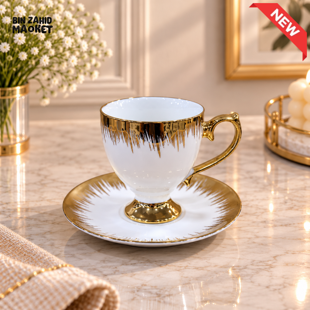6 PIECE PREMIUM GOLD ACCENT TEA CUP & SAUCER SET