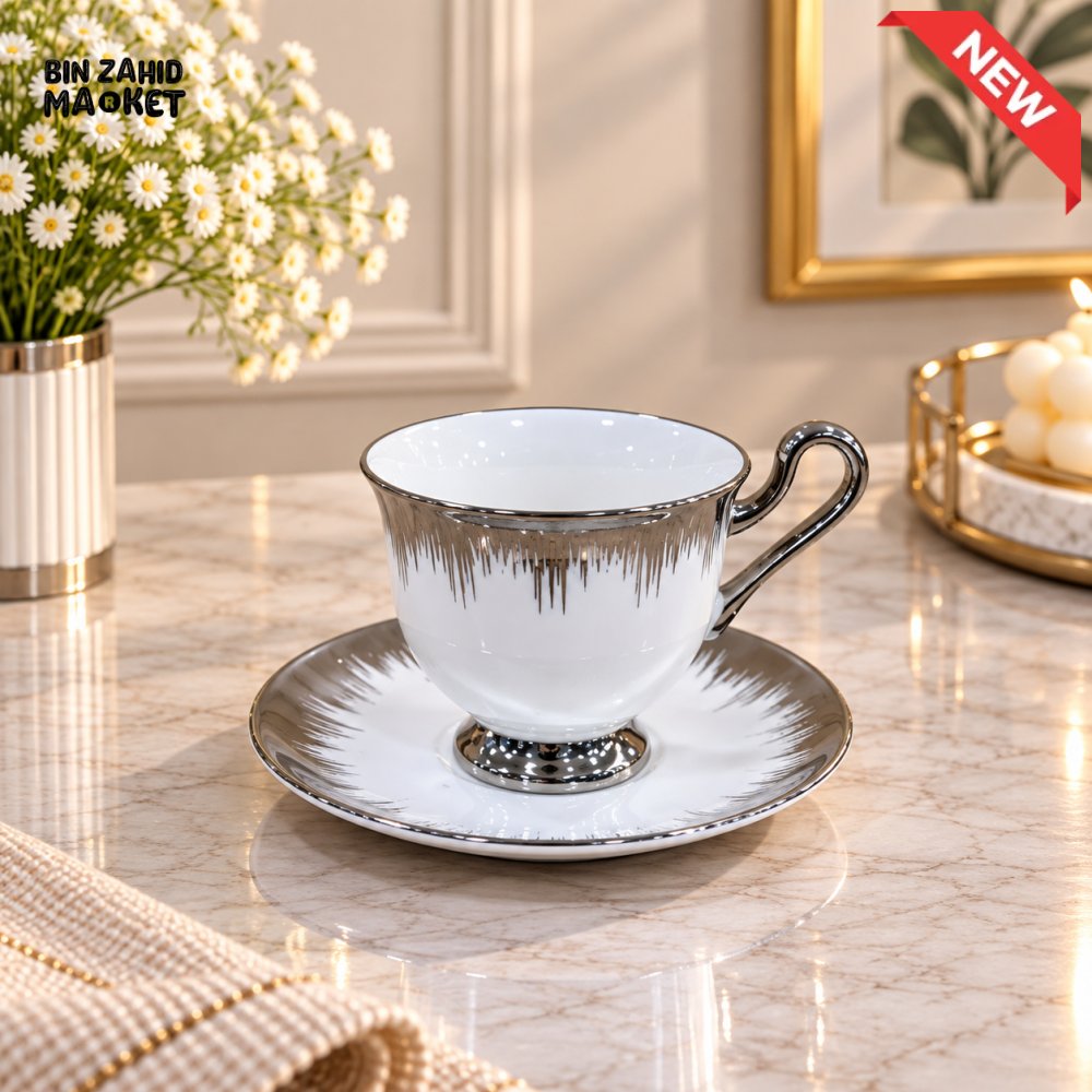 6 PIECE PREMIUM SILVER ACCENT TEA CUP & SAUCER SET