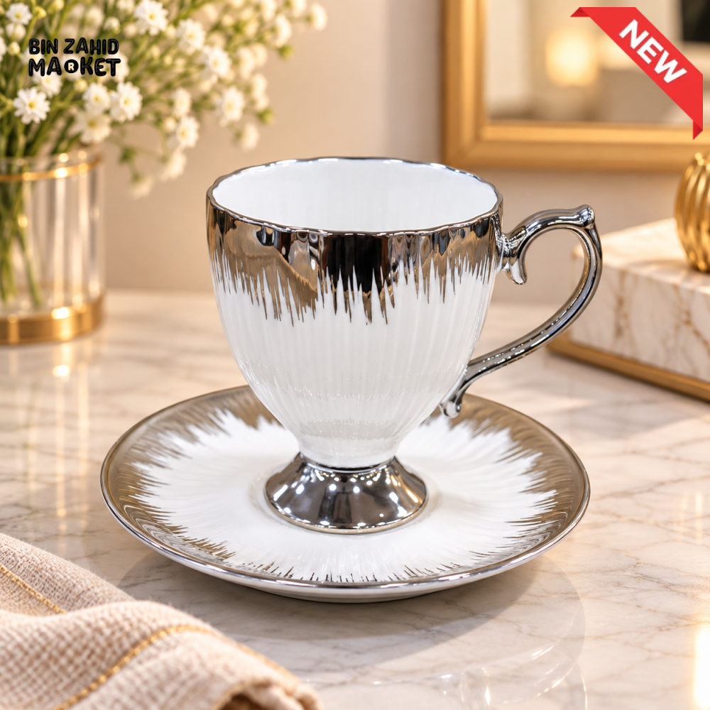6 PIECE PREMIUM SILVER ACCENT TEA CUP & SAUCER SET