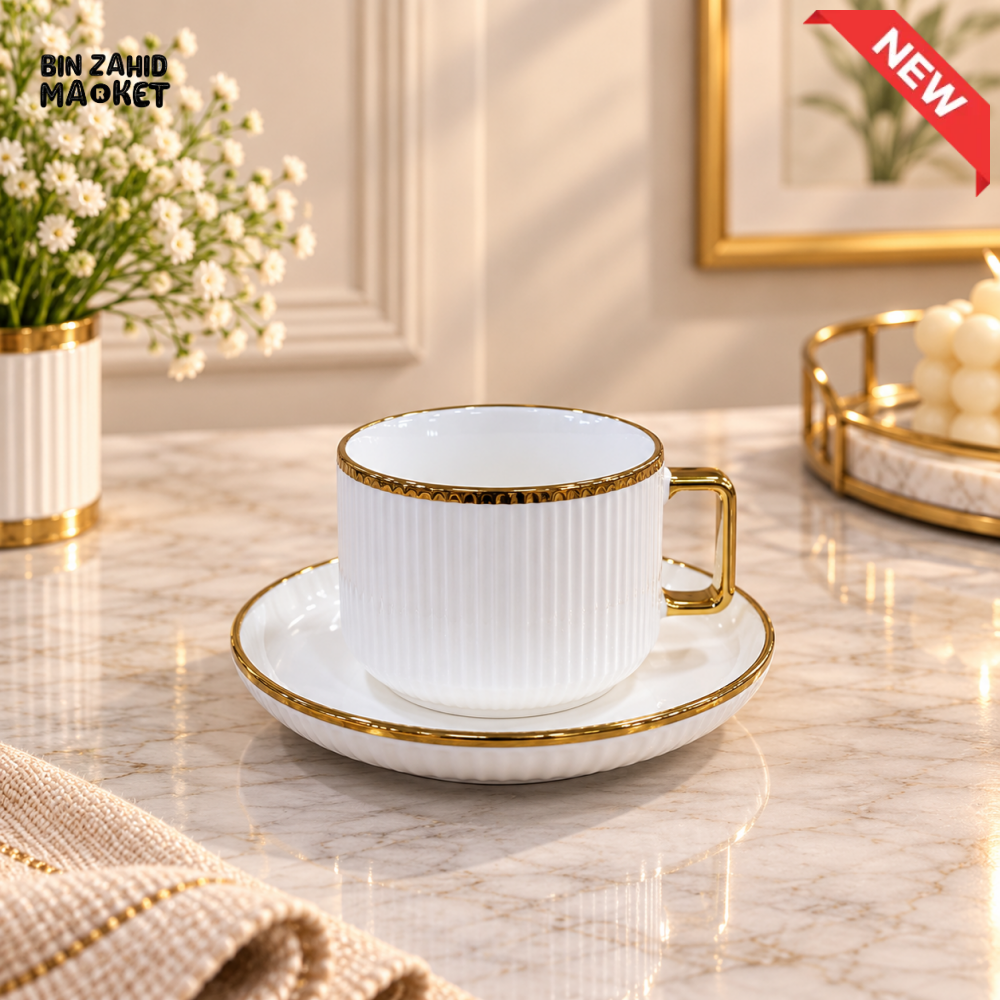 6 PIECE RIBBED GOLD RIM TEA CUP & SAUCER SET