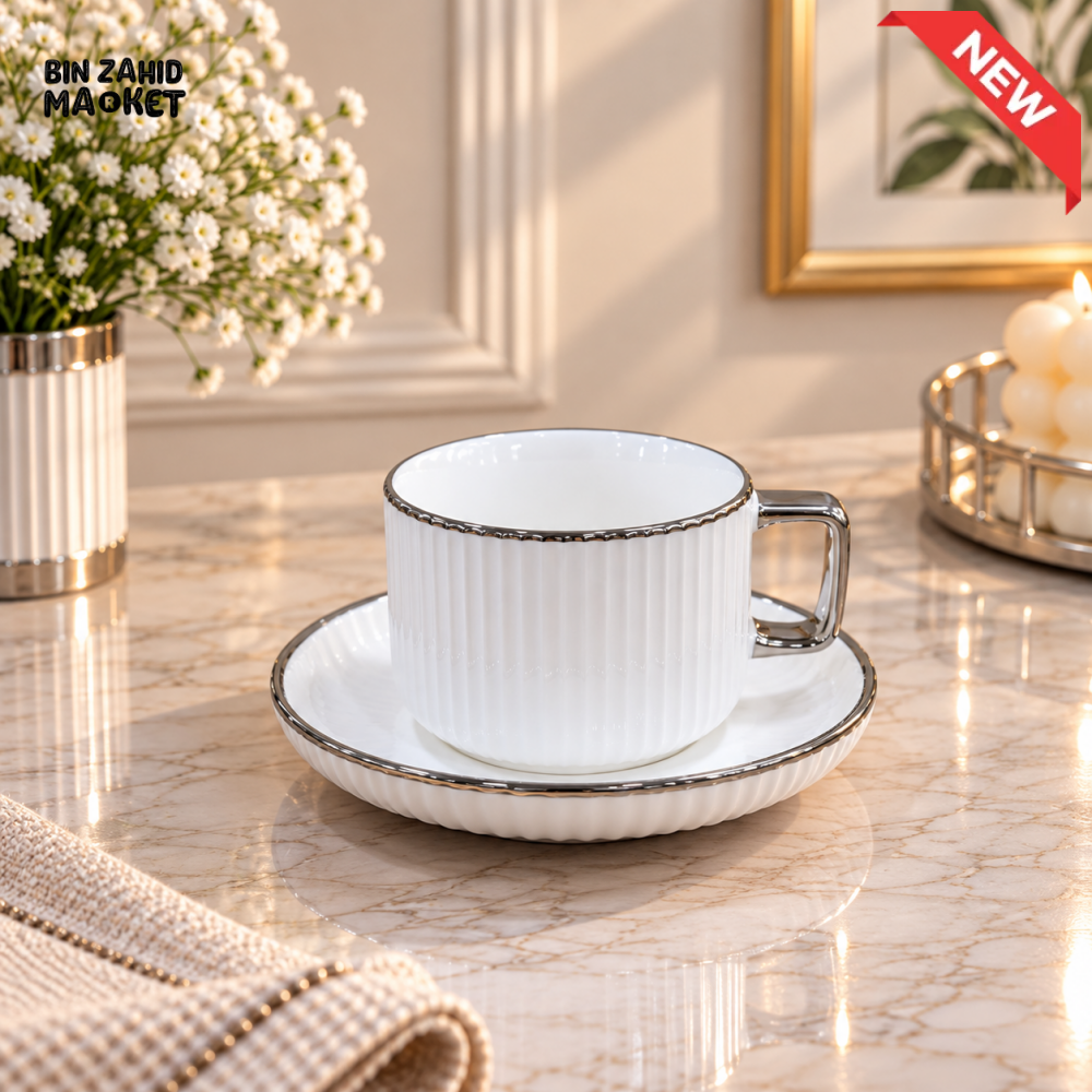 6 PIECE RIBBED SILVER RIM TEA CUP & SAUCER SET