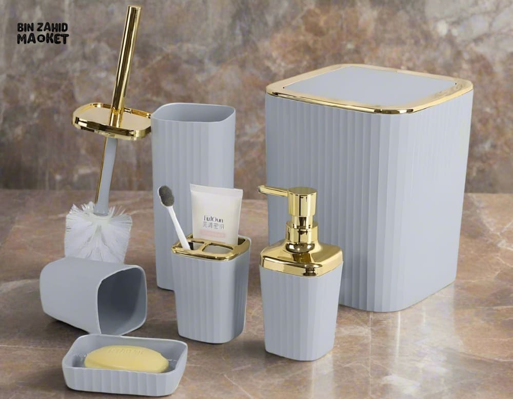 6 PIECES BATHROOM ACCESSORY SET SOAP DISPENSER TOILET BRUSH LOTION BOTTLE TRASH CAN TOOTHBRUSH CUP & STORAGE BOX
