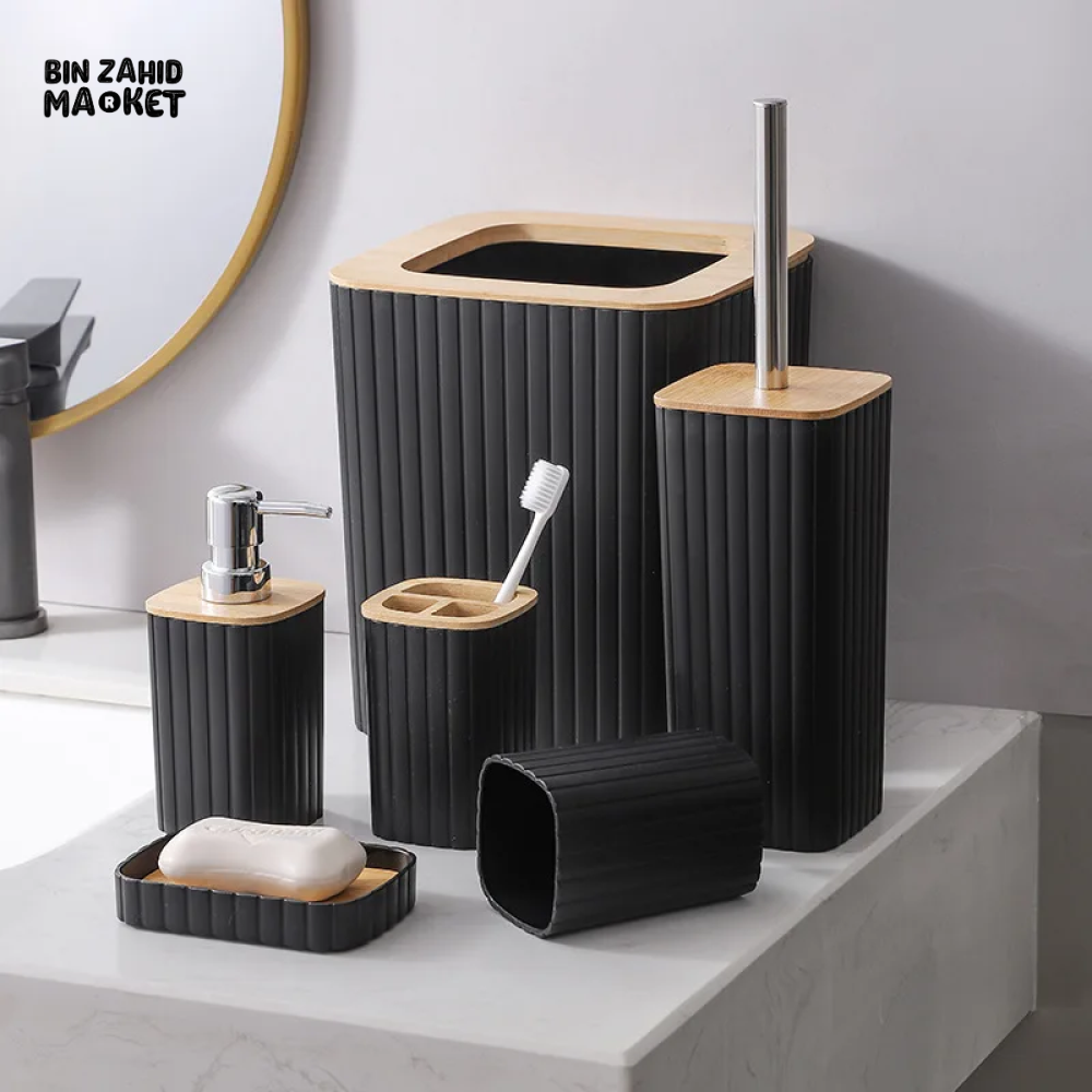 6 PIECES NORDIC STYLE BATHROOM ACCESSORY SET PLASTIC TOILET BRUSH LOTION BOTTLE STORAGE BOX & TOILETRY ORGANIZER - BLACK