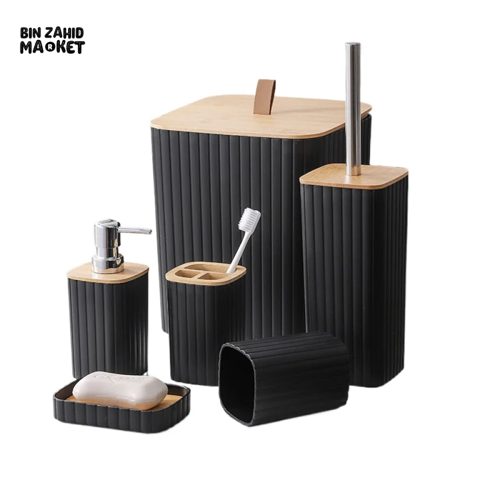 6 PIECES NORDIC STYLE BATHROOM ACCESSORY SET PLASTIC TOILET BRUSH LOTION BOTTLE STORAGE BOX & TOILETRY ORGANIZER - BLACK