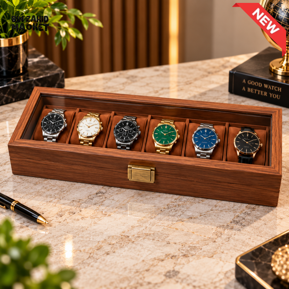 6-SLOT PREMIUM WOODEN WATCH STORAGE & DISPLAY BOX WITH GLASS LID