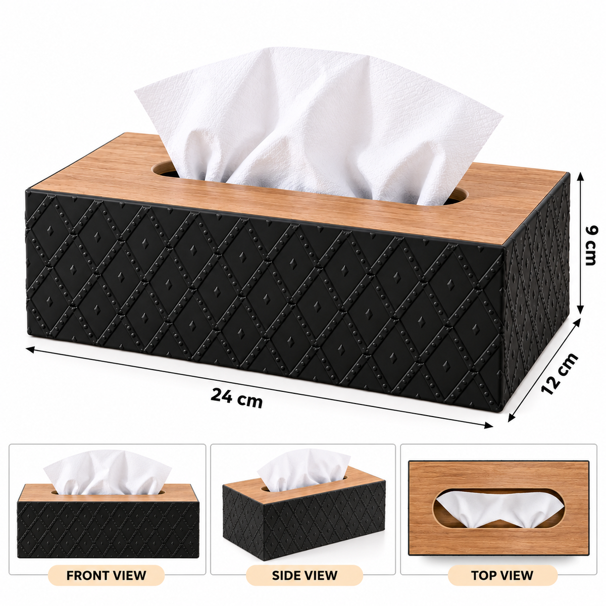 BLACK DIAMOND TEXTURE RECTANGULAR TISSUE BOX WITH WOODEN STYLE LID