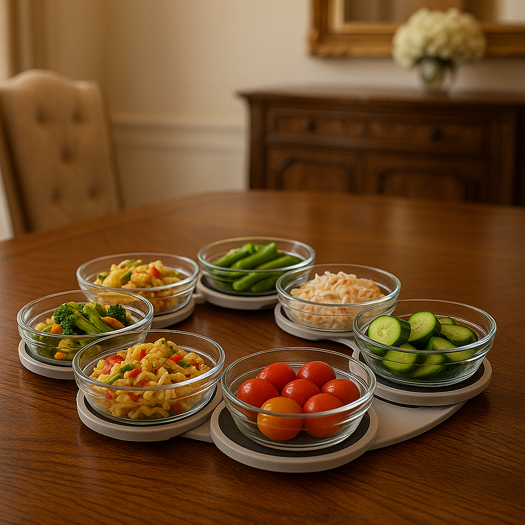 PORTABLE LAZY SUSAN ROTATING TRAY 8 PIECES – EXTENDABLE FOOD SERVING PLATE FOR TABLES & PARTIES