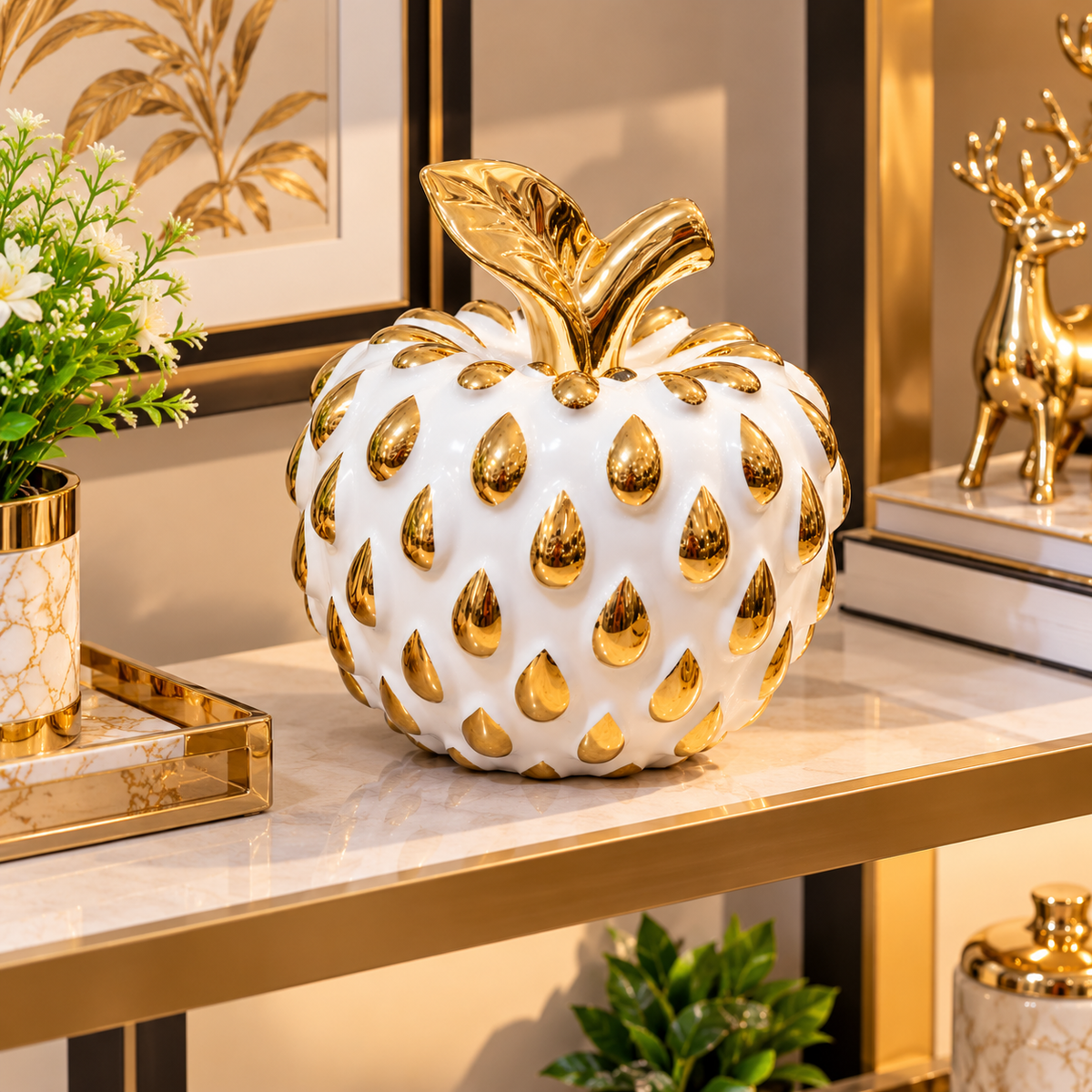 WHITE & GOLD APPLE DECORATIVE ORNAMENT - SMALL