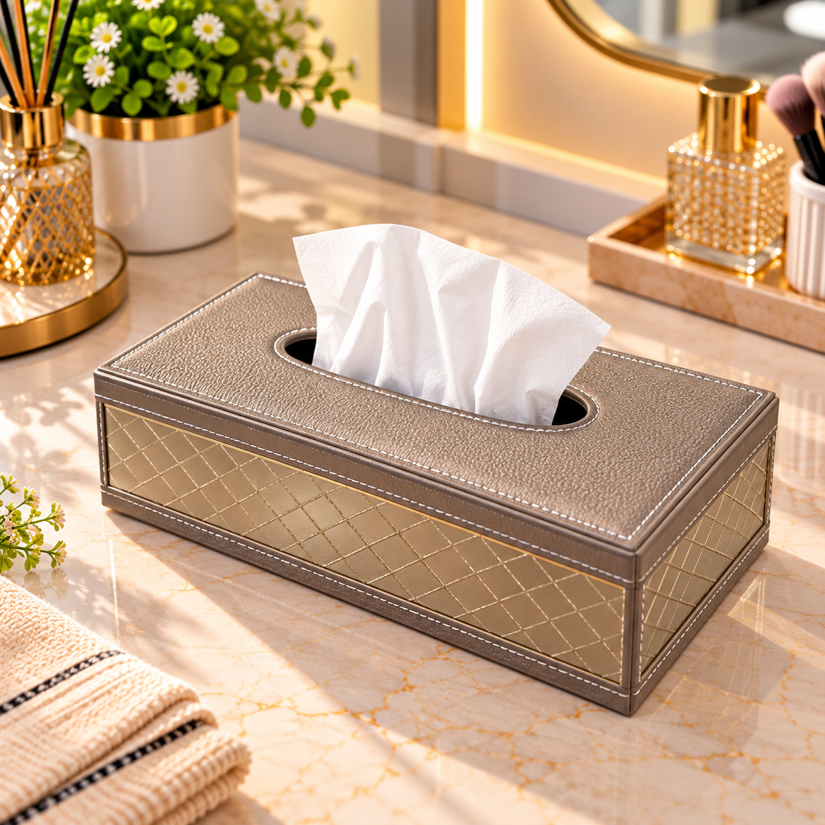TAUPE TEXTURED TISSUE BOX WITH GOLD QUILTED PANELS