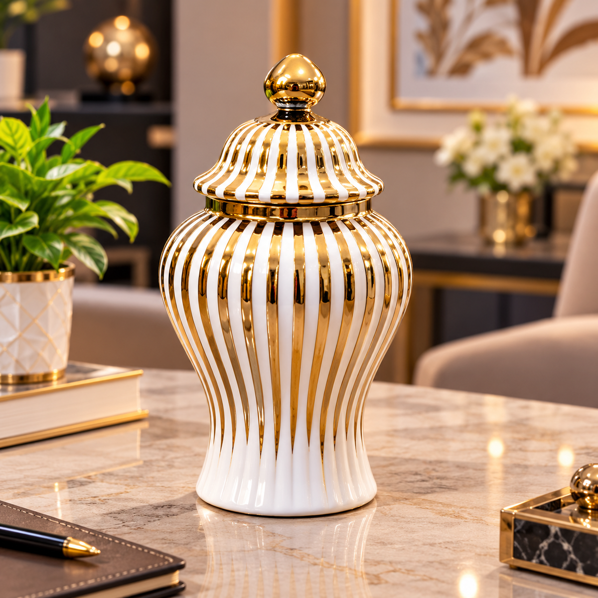 WHITE & GOLD STRIPED DECORATIVE JAR WITH LID - LARGE