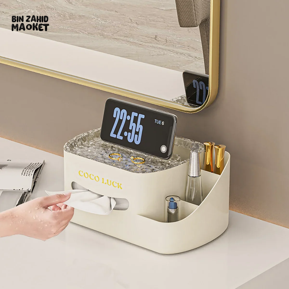 MODERN MAKEUP ORGANIZER – COSMETIC DISPLAY WITH TISSUE BOX & DESK STORAGE