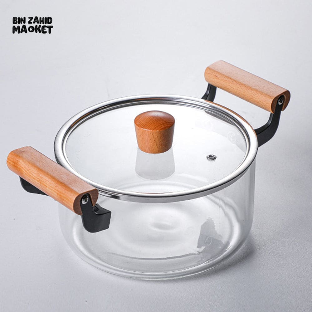 PREMIUM BOROSILICATE GLASS COOKING POT – FLAME-SAFE WOODEN HANDLE LARGE CAPACITY WITH LID - 4.5 LITRE
