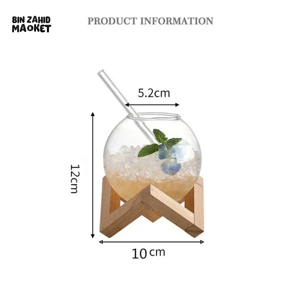 COCKTAIL GLASS CUP WITH WOOD STAND – ROUND BALL TUMBLER BAR GLASSWARE