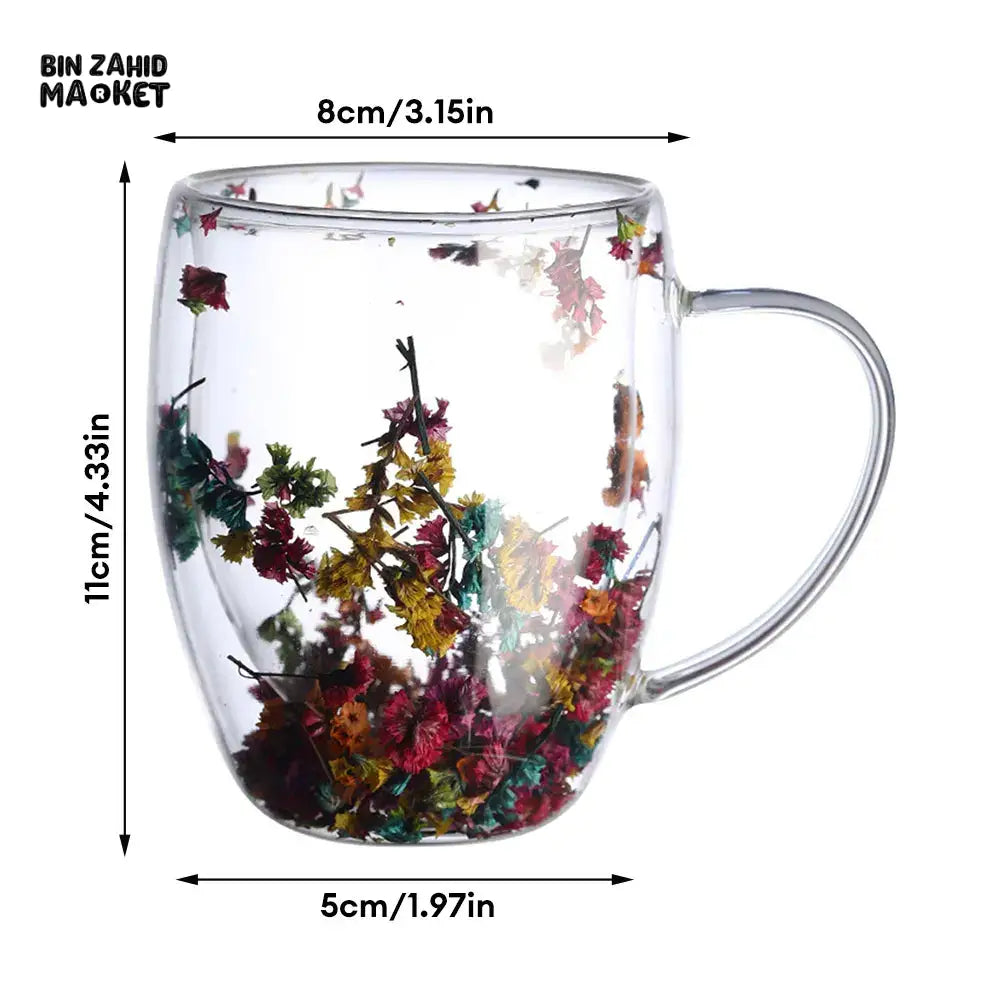 DRIED FLOWER DOUBLE WALL GLASS MUG - 350ML