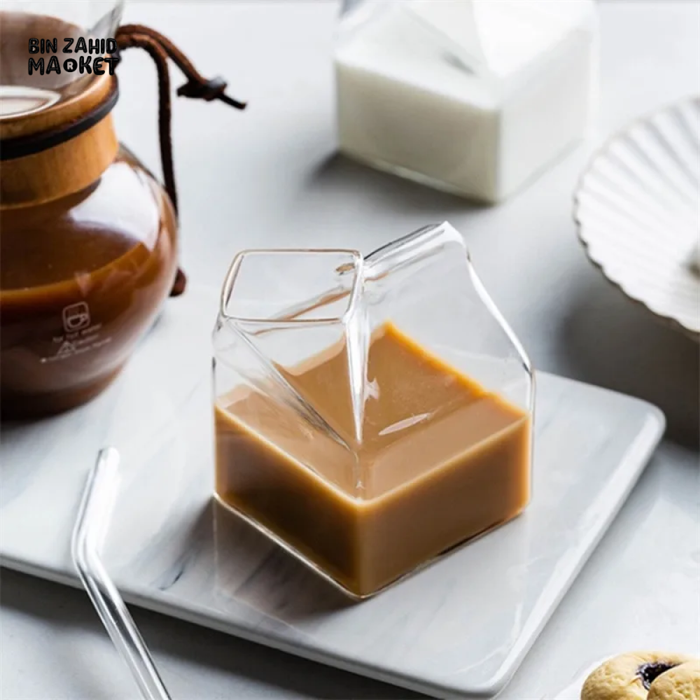 SQUARE GLASS MILK CUP – MICROWAVE-SAFE JAPANESE-STYLE KITCHEN TABLEWARE 300ML