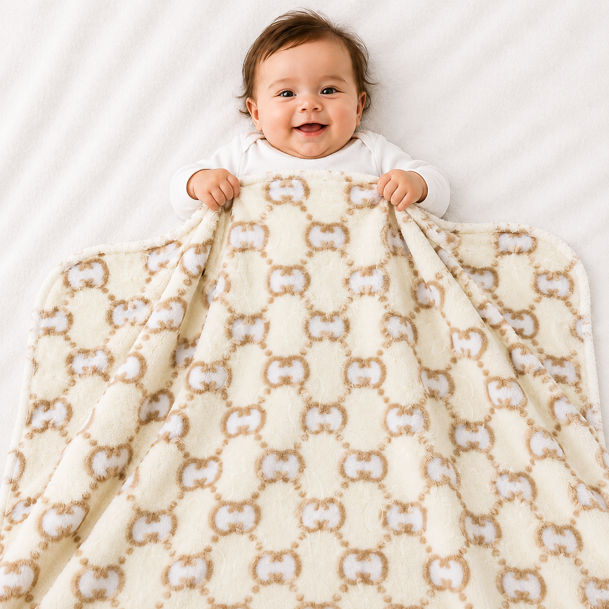 HAPPIMUMS BABY PLUSH SLEEPING BLANKET DOUBLE PLY LITTLE BEAR PATTERN 110 x 80 - CREAM