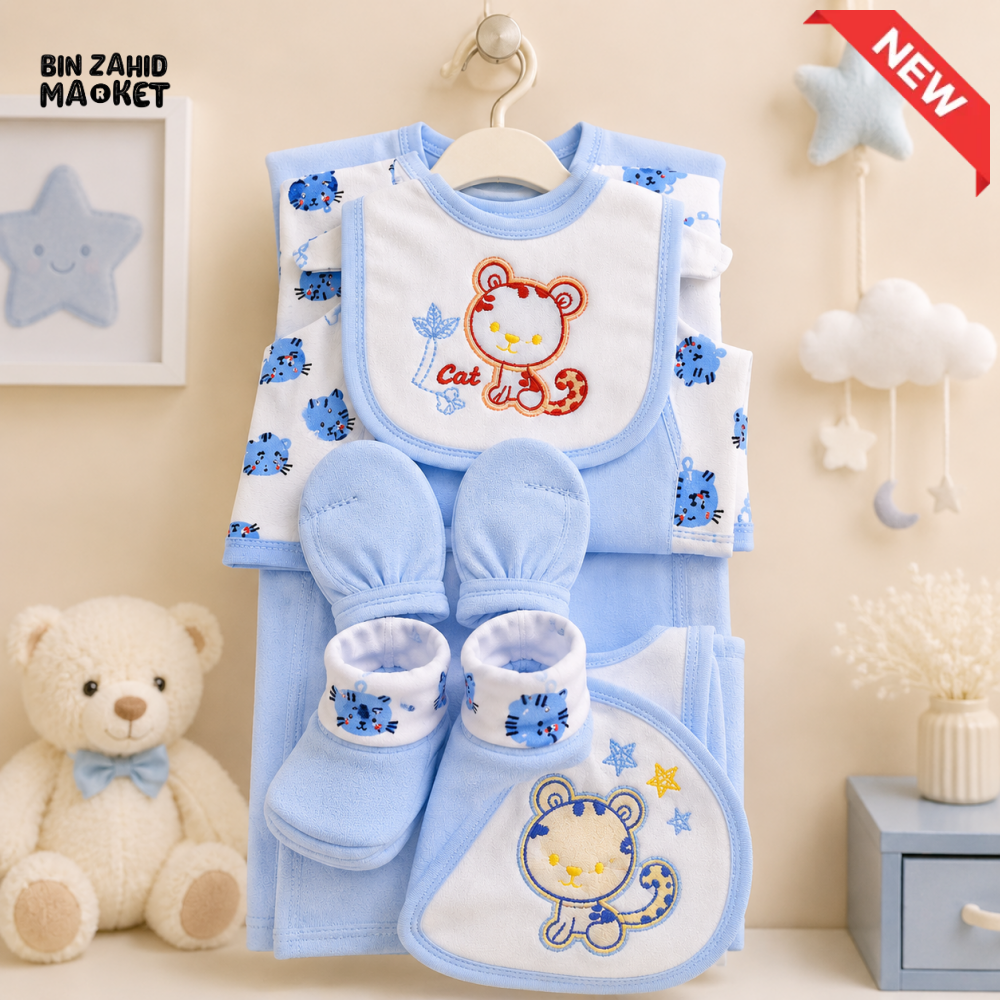 7 PCS NEWBORN BABY GIFT SET – CUTE KITTEN EMBROIDERED DESIGN (BLUE)